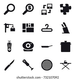 16 vector icon set : magnifier, dollar magnifier, notebook connect, puzzle, hanger, stands for knives, pan, knife, iron board
