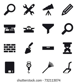 16 vector icon set : magnifier, pencil wrench, telescope, pencil, market scales, scales, funnel, brick wall, construction, level, kitchen scales, handle scales, rake, scoop