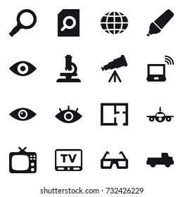 16 vector icon set : magnifier, search document, globe, marker, eye, microscope, telescope, notebook wireless, plan, tv, pickup