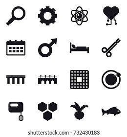 16 vector icon set : magnifier, gear, atom, cardio chip, calendar, bridge, honeycombs, beet, fish