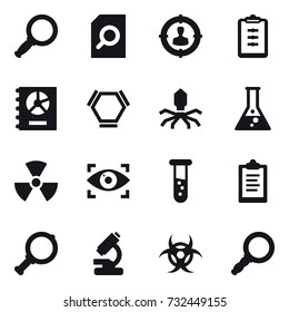16 vector icon set : magnifier, search document, target audience, clipboard, annual report, hex molecule, virus, flask, nuclear, eye identity, vial
