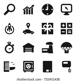 16 vector icon set : magnifier, diagram, clock, monitor arrow, rocket, car pointer, gift, calculator, stopwatch, garage, factory, hotel, safe, kitchen scales
