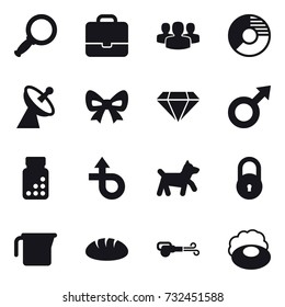 16 vector icon set : magnifier, portfolio, group, circle diagram, satellite antenna, bow, diamond, dog, measuring cup, bread, blower, soap