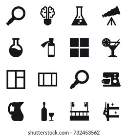 16 vector icon set : magnifier, bulb brain, flask, telescope, window, cocktail, jug, wine, skyscapers cleaning, skyscrapers cleaning