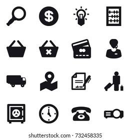 16 vector icon set : magnifier, dollar, bulb, abacus, basket, delete cart, credit card, passenger, safe, watch, phone