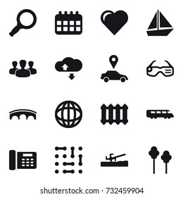 16 vector icon set : magnifier, calendar, heart, boat, group, cloude service, car pointer, smart glasses, bridge, radiator, soil cutter, trees