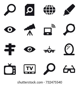 16 vector icon set : magnifier, search document, globe, marker, eye, telescope, notebook wireless, singlepost, mirror, tv