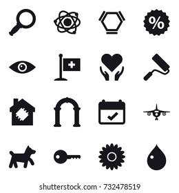 16 vector icon set : magnifier, atom, hex molecule, percent, repair, smart house, arch, plane, dog, key, flower, drop