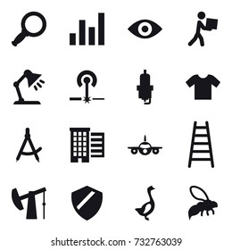 16 vector icon set : magnifier, graph, eye, courier, table lamp, laser, spark plug, t-shirt, draw compass, houses, stairs, goose, wasp