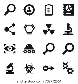 16 vector icon set : magnifier, target audience, clipboard, annual report, molecule, hex molecule, nuclear, microscope, eye identity, lunar rover