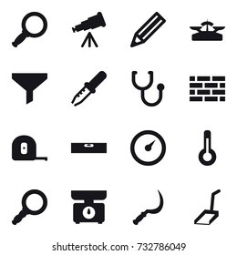 16 vector icon set : magnifier, telescope, pencil, scales, funnel, brick wall, measuring tape, level, barometer, thermometer, kitchen scales, sickle, scoop