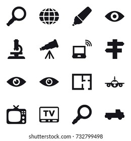 16 vector icon set : magnifier, globe, marker, eye, microscope, telescope, notebook wireless, singlepost, plan, tv, pickup