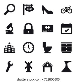 16 vector icon set : magnifier, shop signboard, shoes, bike, lock, hotel, watch, toilet, chest of drawers, windmill, barn, plunger