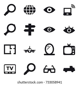 16 vector icon set : magnifier, globe, eye, notebook wireless, singlepost, plan, mirror, tv, pickup