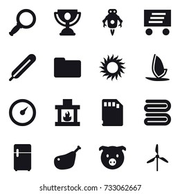 16 vector icon set : magnifier, trophy, jet robot, delivery, sun, windsurfing, barometer, fireplace, towel, pig, windmill