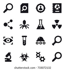 16 vector icon set : magnifier, search document, target audience, annual report, molecule, virus, flask, nuclear, eye identity, vial, lunar rover