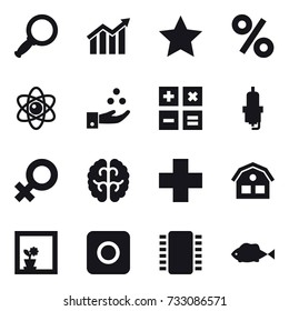 16 vector icon set : magnifier, diagram, star, percent, atom, chamical industry, calculator, spark plug, house, flower in window, ring button