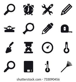 16 vector icon set : magnifier, alarm clock, pencil wrench, pencil, scales, measuring tape, construction, barometer, thermometer, kitchen scales, rake
