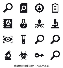 16 vector icon set : magnifier, search document, target audience, clipboard, annual report, round flask, virus, microscope, eye identity, vial