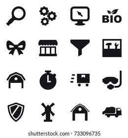 16 vector icon set : magnifier, gear, monitor arrow, bio, bow, market, funnel, tools, barn, diving mask, shield, windmill, trash truck