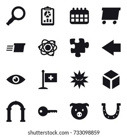 16 vector icon set : magnifier, report, calendar, delivery, atom, puzzle, left arrow, 3d, arch, key, pig, horseshoe