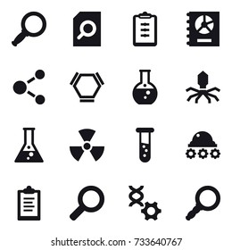 16 vector icon set : magnifier, search document, clipboard, annual report, molecule, hex molecule, round flask, virus, flask, nuclear, vial, lunar rover