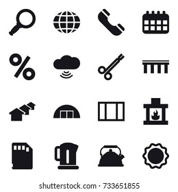 16 vector icon set : magnifier, globe, phone, calendar, percent, cloud wireless, bridge, houses, hangare, window, fireplace, kettle
