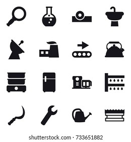 16 vector icon set : magnifier, round flask, satellite antenna, kettle, watering, sickle, wrench, watering can, sponge
