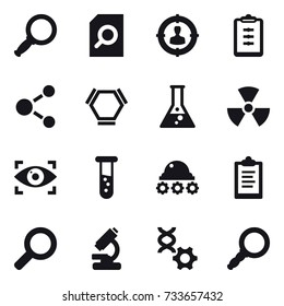 16 vector icon set : magnifier, search document, target audience, clipboard, molecule, hex molecule, flask, nuclear, eye identity, vial, lunar rover