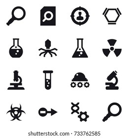 16 vector icon set : magnifier, search document, target audience, hex molecule, round flask, virus, flask, nuclear, microscope, vial, lunar rover