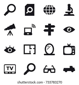 16 vector icon set : magnifier, search document, globe, microscope, telescope, notebook wireless, singlepost, plan, mirror, tv, pickup