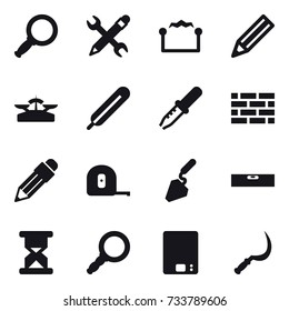 16 vector icon set : magnifier, pencil wrench, electrostatic, pencil, scales, brick wall, measuring tape, construction, level, kitchen scales, sickle