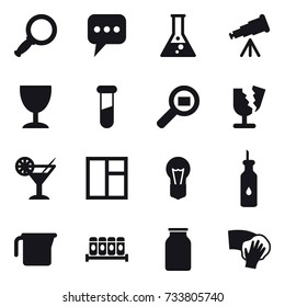 16 vector icon set : magnifier, message, flask, telescope, wineglass, cocktail, window, measuring cup, wiping