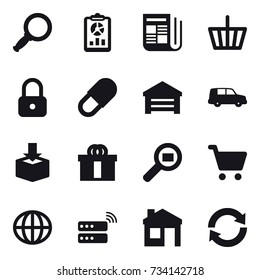 16 vector icon set : magnifier, report, newspaper, basket, lock, garage, globe, house, reload