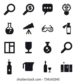 16 vector icon set : magnifier, dollar magnifier, message, bulb brain, round flask, telescope, smart glasses, window, measuring cup, wine, clean  window