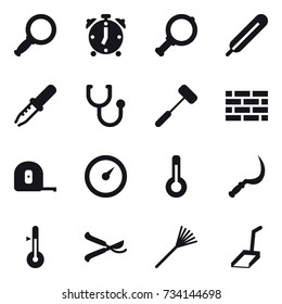16 vector icon set : magnifier, alarm clock, brick wall, measuring tape, barometer, thermometer, sickle, pruner, rake, scoop