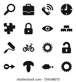 16 vector icon set : magnifier, portfolio, call, clock, puzzle, lock, block wall, repair, bike, sun, unlocked