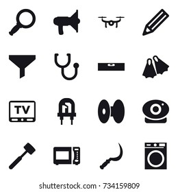 16 vector icon set : magnifier, loudspeaker, drone, pencil, funnel, level, flippers, tv, meat hammer, sickle, washing machine