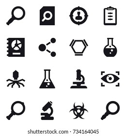 16 vector icon set : magnifier, search document, target audience, clipboard, annual report, molecule, hex molecule, round flask, virus, flask, microscope, eye identity