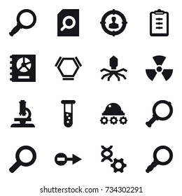16 vector icon set : magnifier, search document, target audience, clipboard, annual report, hex molecule, virus, nuclear, microscope, vial, lunar rover