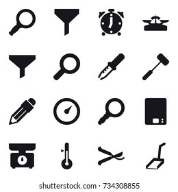 16 vector icon set : magnifier, funnel, alarm clock, scales, pencil, barometer, kitchen scales, thermometer, pruner, scoop