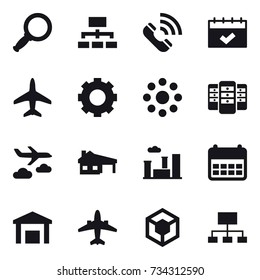 16 vector icon set : magnifier, hierarchy, call, calendar, plane, gear, round around, server, journey, house with garage, city, airplane