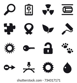 16 vector icon set : magnifier, report, nuclear, nanotube, puzzle, repair, sun, key, unlocked, pets, drop