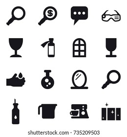 16 vector icon set : magnifier, dollar magnifier, message, smart glasses, wineglass, arch window, mirror, measuring cup, clean  window