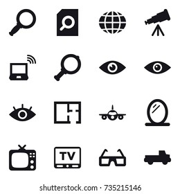 16 vector icon set : magnifier, search document, globe, telescope, notebook wireless, plan, mirror, tv, pickup