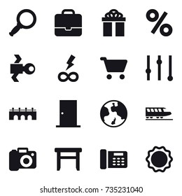 16 vector icon set : magnifier, portfolio, gift, percent, satellite, infinity power, cart, equalizer, bridge, door, earth, train, camera, stool