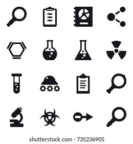 16 vector icon set : magnifier, clipboard, annual report, molecule, hex molecule, round flask, flask, nuclear, vial, lunar rover