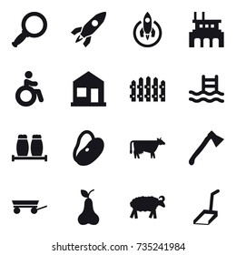 16 vector icon set : magnifier, rocket, factory, invalid, home, fence, pool, cow, axe, trailer, pear, sheep, scoop