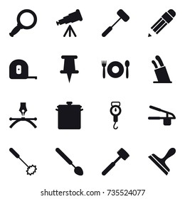 16 vector icon set : magnifier, telescope, pencil, measuring tape, cafe, stands for knives, pan, handle scales, garlic clasp, whisk, big spoon, meat hammer, scraper