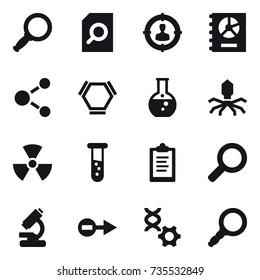 16 vector icon set : magnifier, search document, target audience, annual report, molecule, hex molecule, round flask, virus, nuclear, vial, clipboard